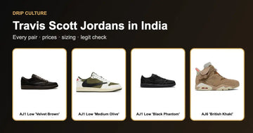 Travis Scott Jordans in India: AJ1 Low Velvet Brown, Medium Olive, Black Phantom and AJ6 British Khaki