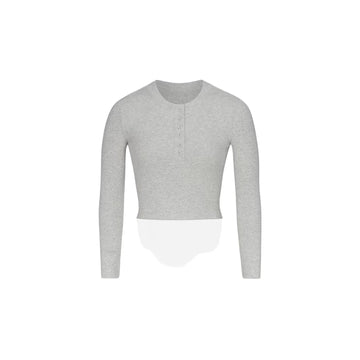 COTTON RIB LONG SLEEVE CROP HENLEY LIGHT HEATHER GREY