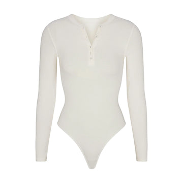 COTTON RIB LONG SLEEVE HENLEY BODYSUIT MARBLE