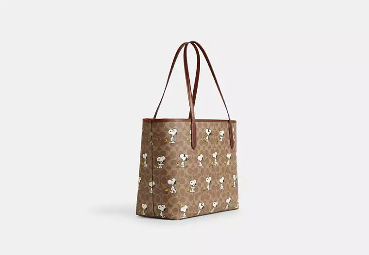 Coach X Peanuts City Tote Bag In Signature Canvas With Snoopy Print