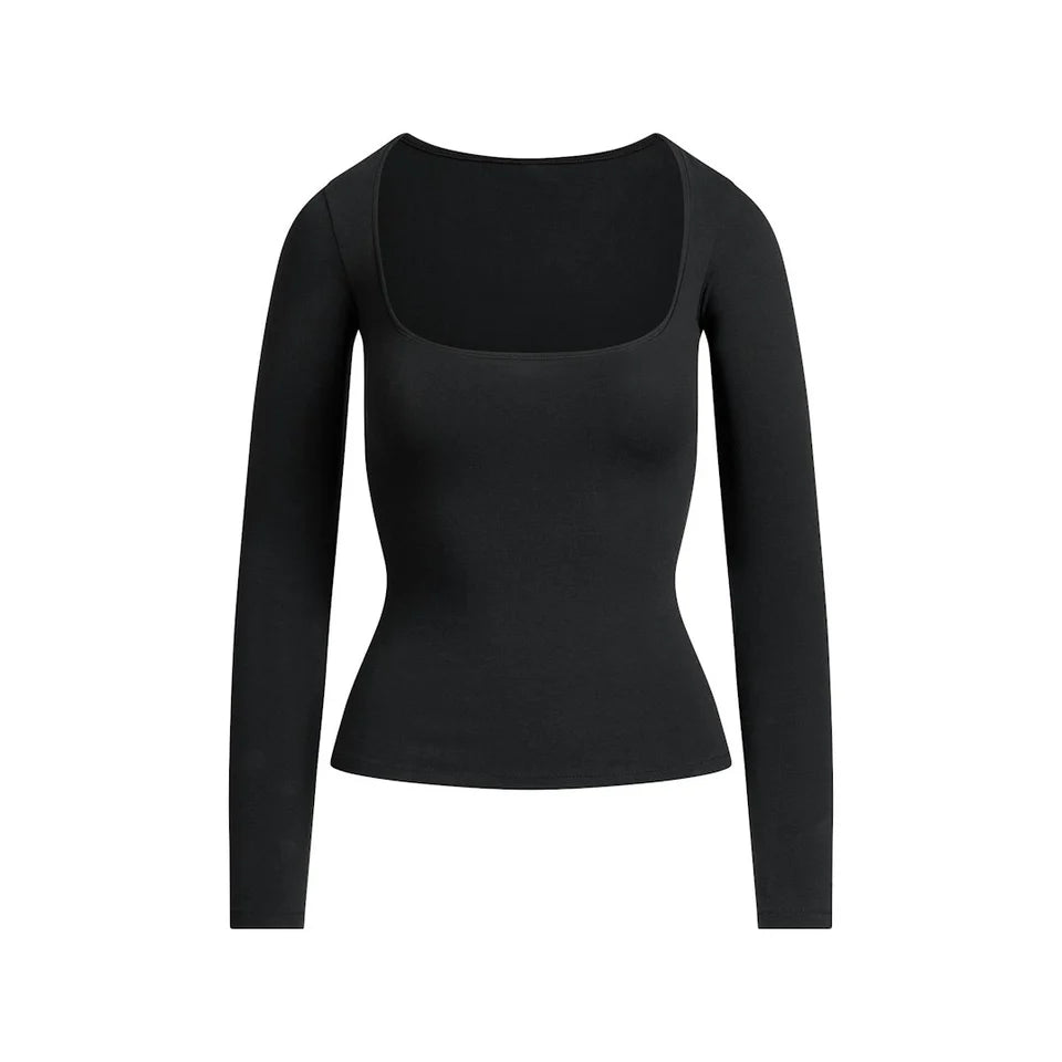 Cotton Jersey SCOOP NECK LONG SLEEVE TOP Soot