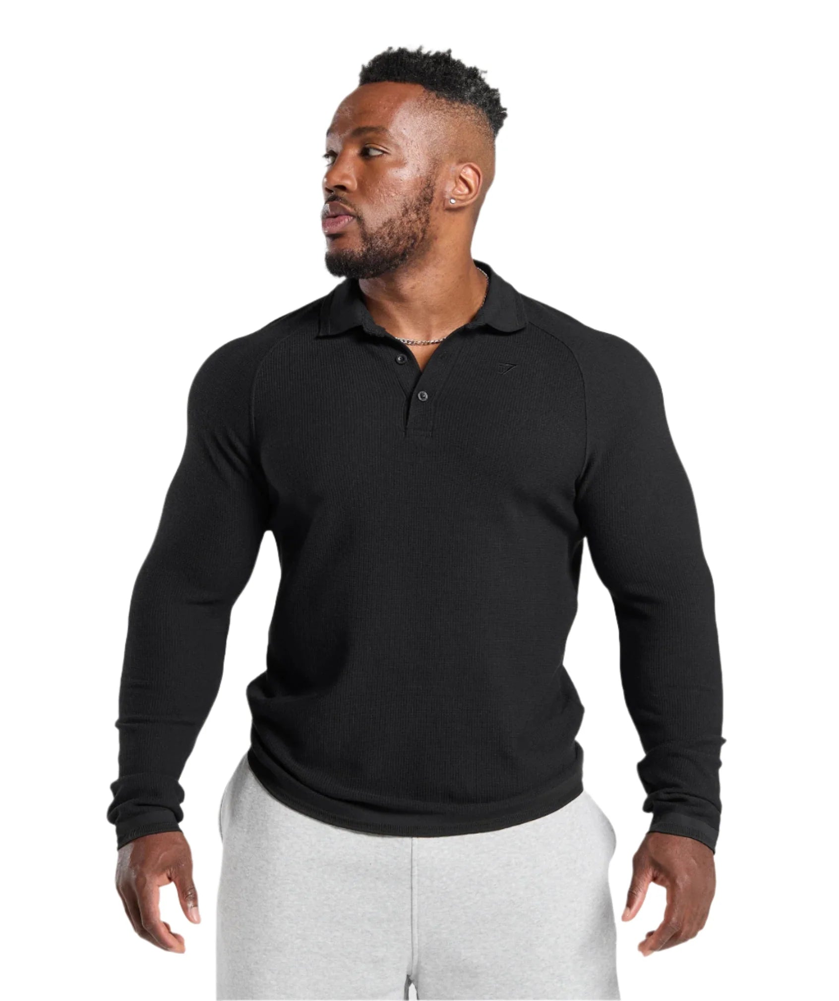 Gymshark Long Sleeve Waffle Polo Shirt - Black