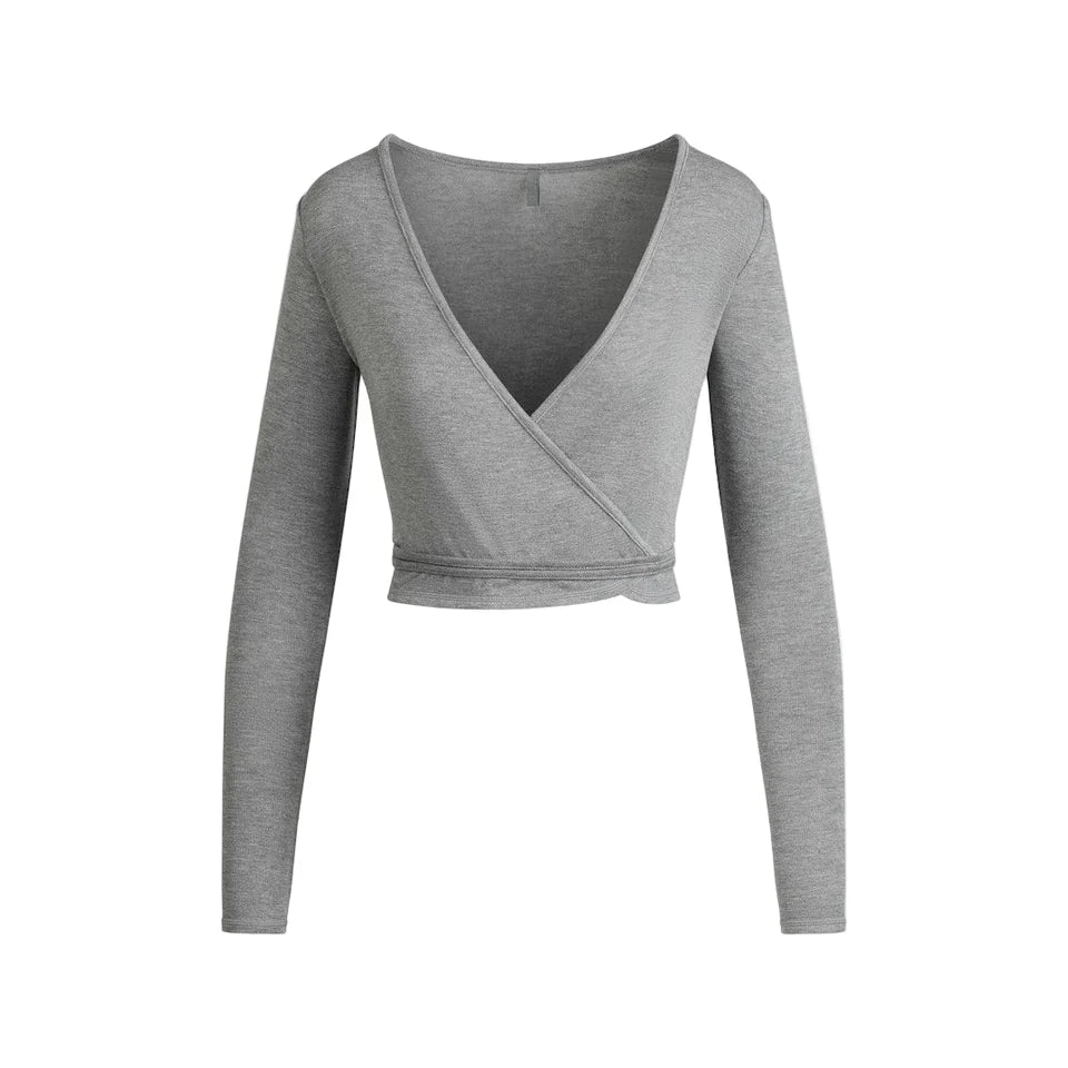 LONG SLEEVE WRAP TOP Dark Heather Grey