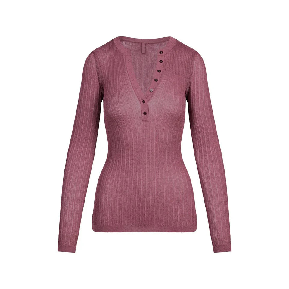 Sheer Knit LONG SLEEVE HENLEY Beet