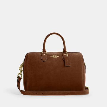 Coach Rowan Large Satchel Bag Suede Gold/Warm Brown