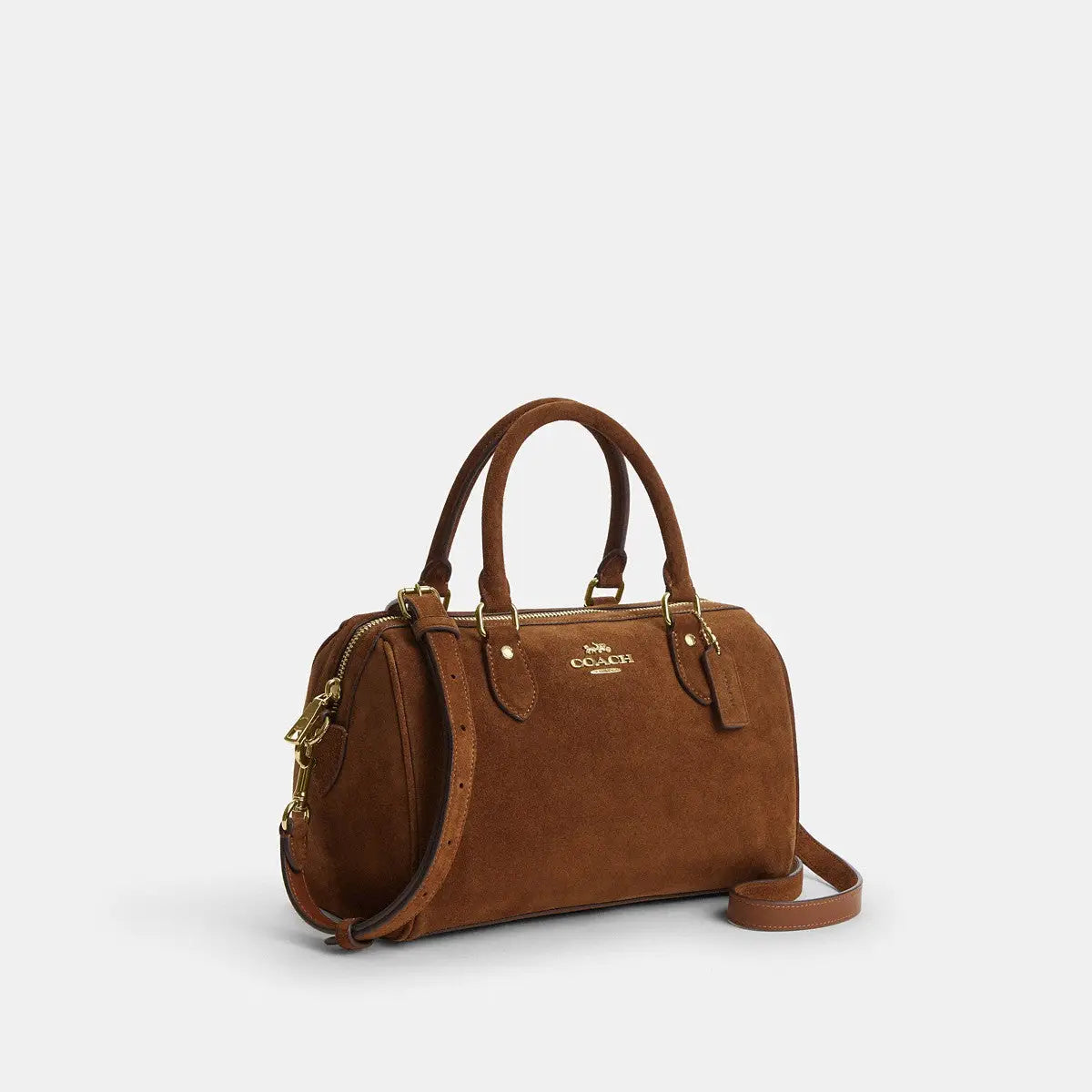 Coach Rowan Satchel Bag Suede Gold/Warm Brown