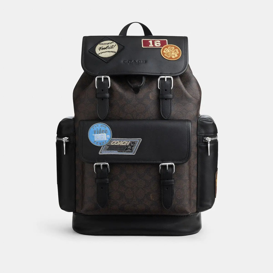 Coach Sprint Backpack Signature Canvas Patches Silver/Walnut/Black