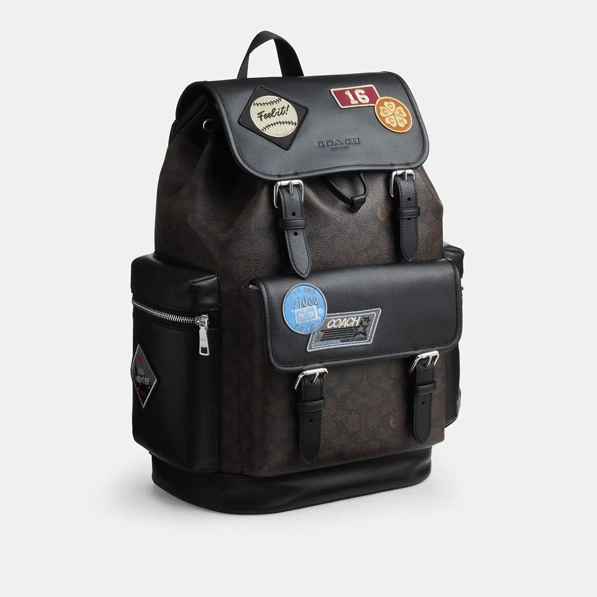 Coach Sprint Backpack Signature Canvas Patches Silver/Walnut/Black