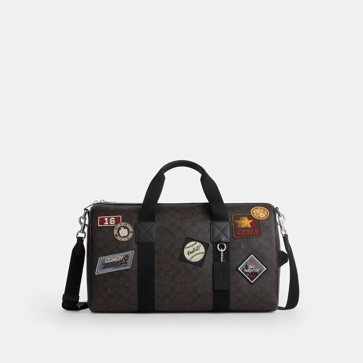 Coach Explorer Duffle Bag 45 Signature Canvas Patches Silver/Walnut/Black