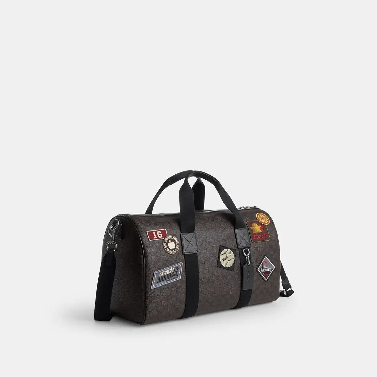 Coach Explorer Duffle Bag 45 Signature Canvas Patches Silver/Walnut/Black